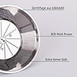 TZS First Austria - 800 Watt Edelstahl Zentrifugal-Entsafter XXL 75mm Einfüllöffnung, Saugnapf-Füße, Tropfstoppfunktion Zentrifugalentsafter elektrisch, Juicer Extractor, Überhitzungsschutz BPA frei - 8