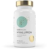Hyaluronsäure Kapseln - Hochdosiert mit 395 mg pro Kapsel. 90 vegane Kapseln im 3 Monatsvorrat - 500-700 kDa - Angereichert mit Vitamin C, B12 und Zink - Für Haut, Anti-Aging und Gelenke - Cosphera - 3