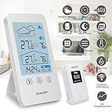 SKEY Wetterstation Funk mit Außensensor, Digital Thermometer-Hygrometer für Innen und außen, weiße Hintergrundbeleuchtung und Uhrzeit Anzeige,Weiß - 2