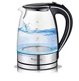 TurboTronic Glas Wasserkocher 1,7 Liter mit Kalkfilter und LED Beleuchtung Blau (innen) BPA Frei, Leistung: 2200 Watt - 2