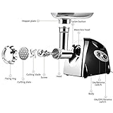 Elektrischer Fleischwolf，Ksun Profi Meat Grinder Wurstmaschine Set mit 3 Mahlplatten und Wurstfüllrohren für den Hausgebrauch, Multifunktions Küchenmaschine Fleisch mit Edelstahlklinge，schwarz - 3