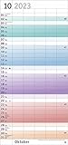 Bunte Wochen Familienplaner 2023 - Wandkalender mit Monatskalendarium, 5 Spalten, Schulferien, 3-Monats-Ausblick Januar bis März 2024 - 21 x 45 cm - 17